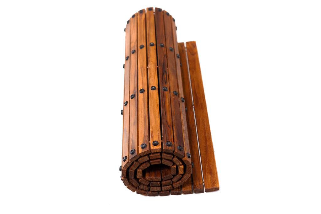 Spokane Extra Large Oiled Teak Shower and Bath String Mat with Rubber Footing 59″ x 35″